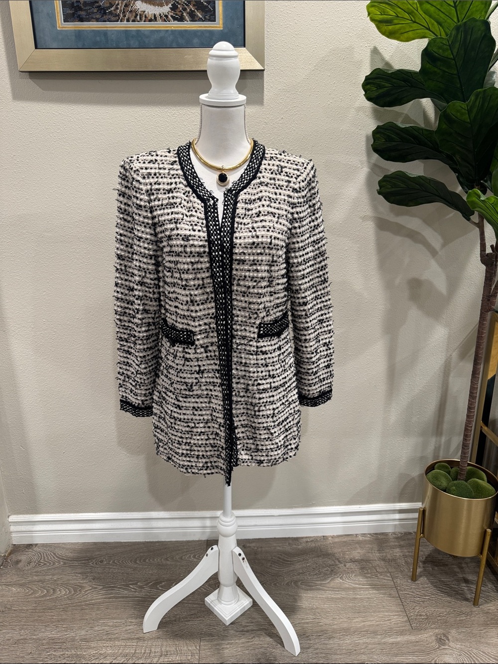 St. John Black and Cream Tweed Blazer Jacket